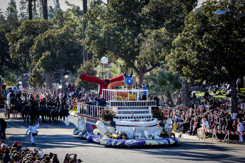 January 1, 2019, Pasadena, CA. Carnival Cruise Line participates in their first Tournament of Roses Parade, with the their entry named "Come Sail Away" and debuting their newest  ship the Carnival Panorama, which showcased floral scuba divers, and as well acrobatics on their trampoline.  Photos by Nancy Newman Photography for Carnival Cruise Line(714) 317-1518