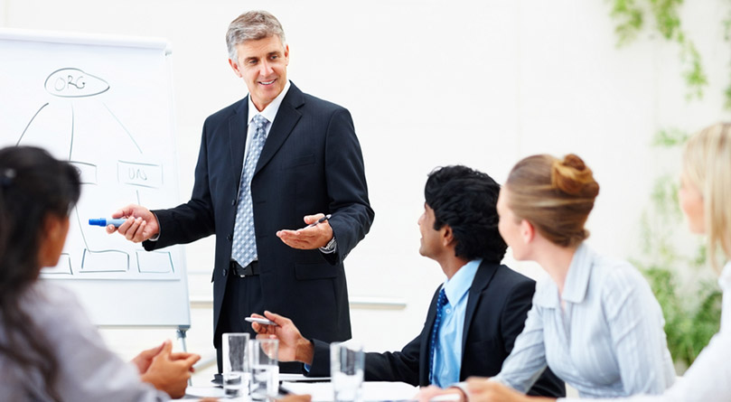 Mature business man training his associates during a meeting