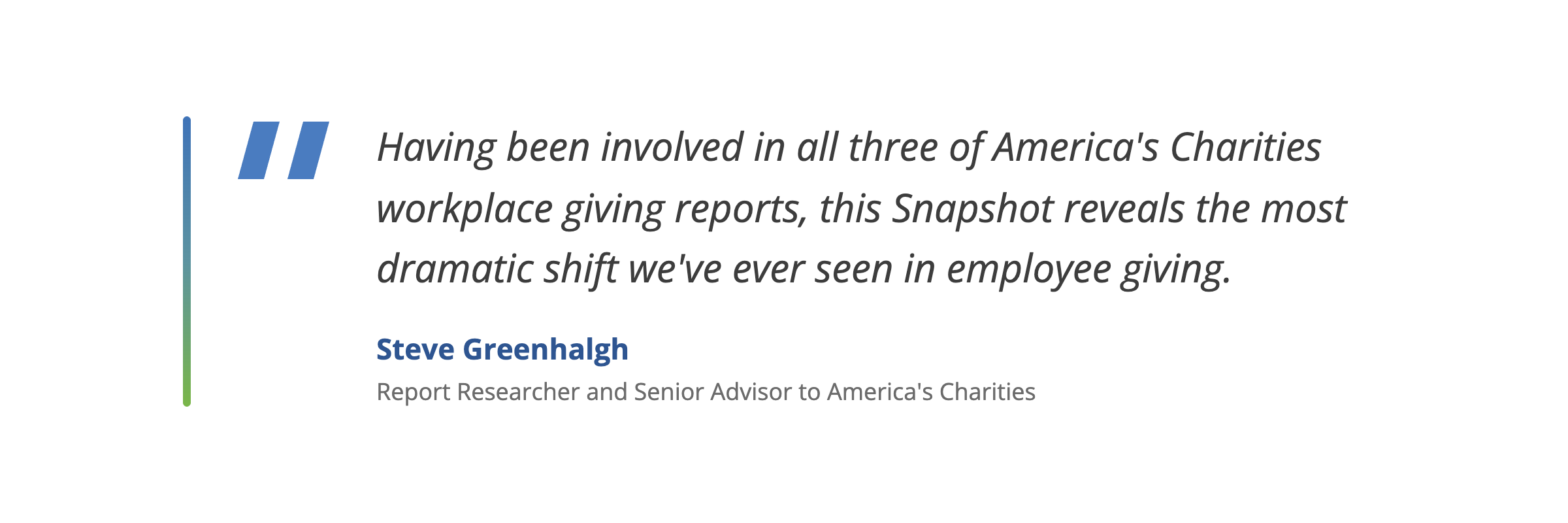 Quote from Steve Greenhalgh, Report Researcher and Senior Advisor to America’s Charities: “Having been involved in all three of America’s Charities workplace giving reports, this Snapshot reveals the most dramatic shift we’ve ever seen in employee giving.”