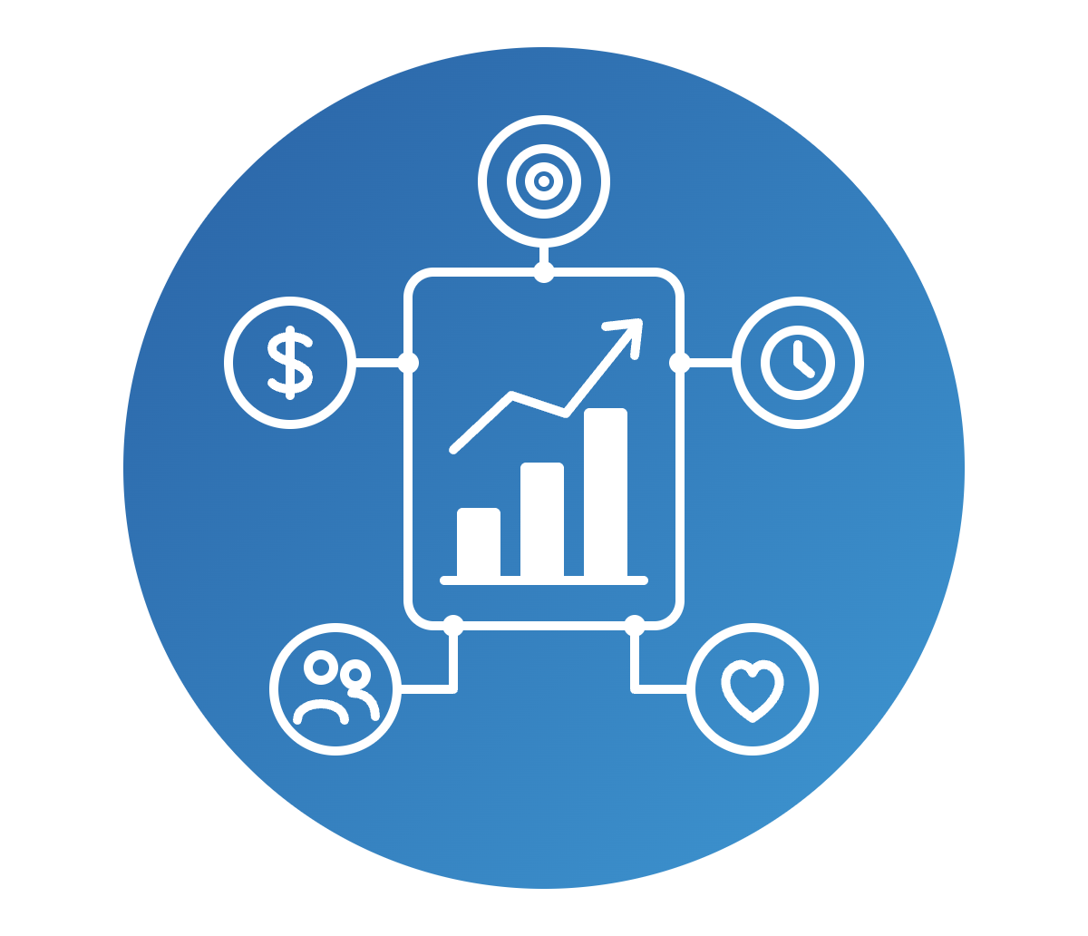 Social impact metrics illustration with a rising bar chart